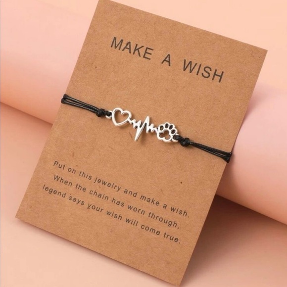 LAST ONE! π Paw print make-a-wish bracelet. String w/ Zinc alloy. Black/silver. - Picture 2 of 5